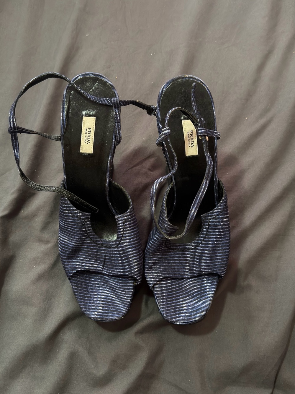 Prada Navy Striped Open-Toe Slingback Heels